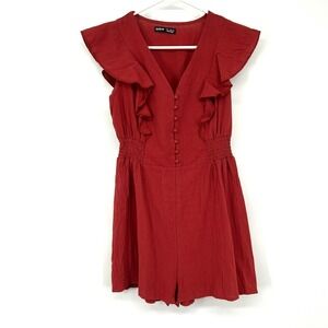 SHEIN Romper Womens Size Small US4 Red Orange V Neck Button Down Ruffle